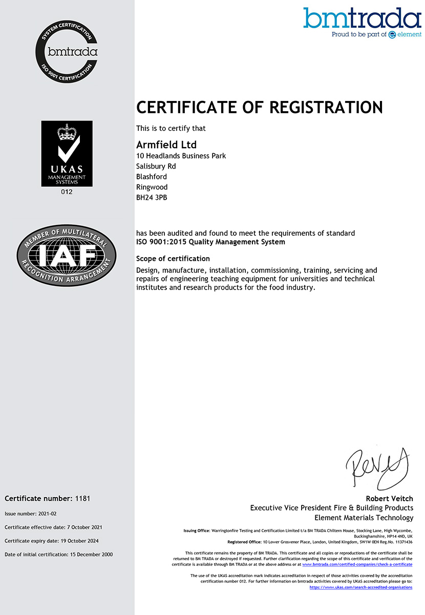 Armfield Ltd ISO 9001-2015 Certificate